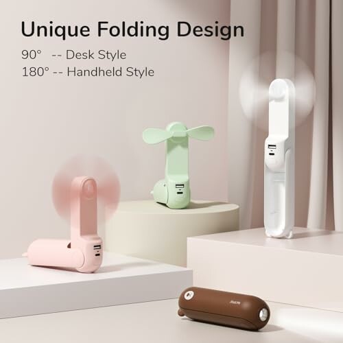 Portable folding fans in pink, green, and white with desk and handheld styles.