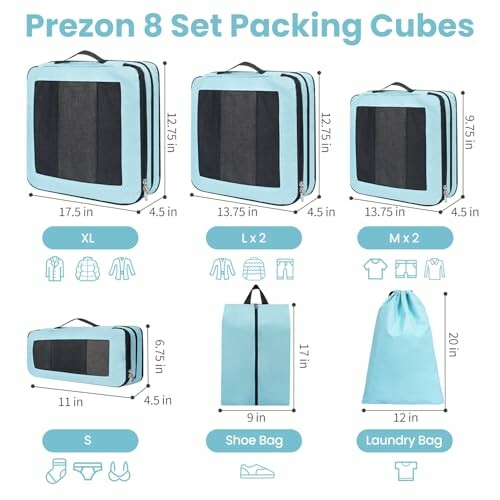 Prezon 8 set packing cubes with different sizes and types including XL, L, M, S, shoe bag, and laundry bag.