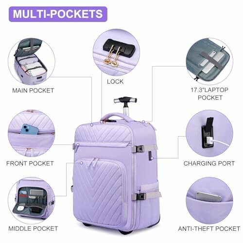 Purple luggage with multiple pockets and features