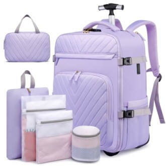 Purple luggage set with multiple bags