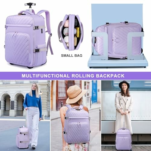 Purple multifunctional rolling backpack with various compartments and travel scenes.