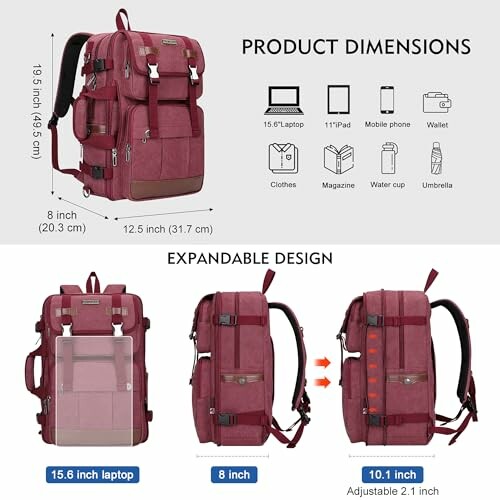 Red backpack with expandable design and product dimensions.