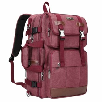 Red backpack with multiple pockets and buckles.