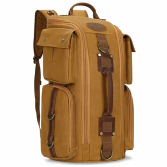 Retro-style brown canvas backpack with multiple pockets and leather accents.