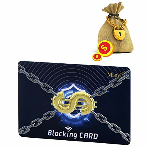 RFID blocking card with security symbols and bag of coins.