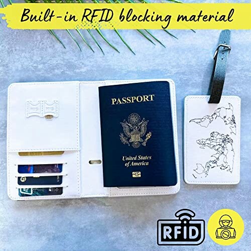 RFID passport holder with passport, cards, and luggage tag.