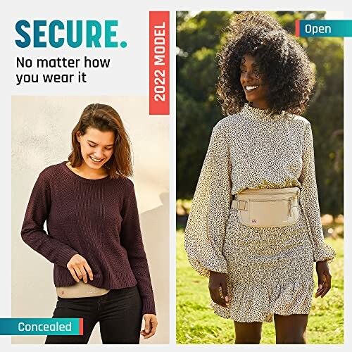 Two women wearing secure waist bags, one concealed under a sweater, the other open over a dress.