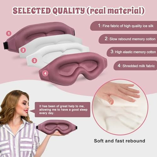 Sleep masks with labels showing quality materials and benefits.