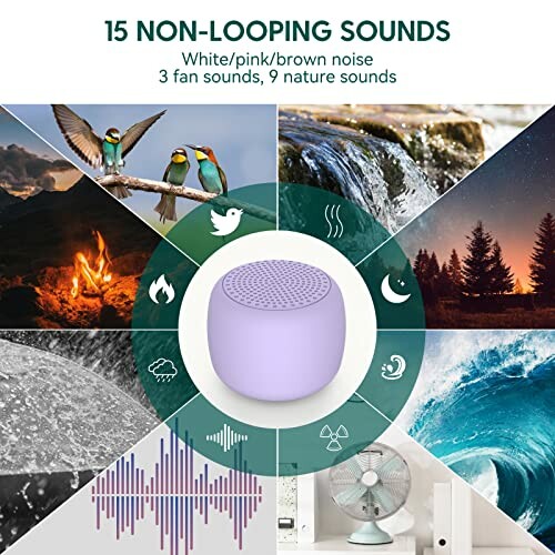 Sound machine features 15 non-looping sounds with images of nature and fan.