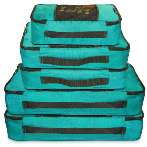 Stack of turquoise packing cubes.