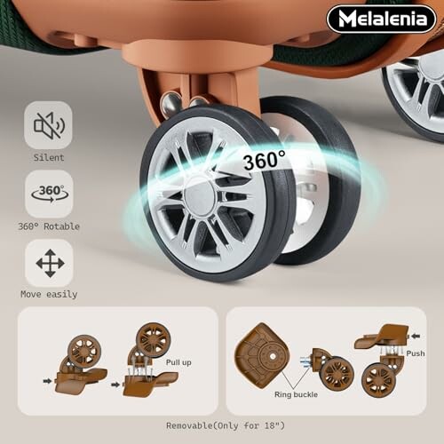 Stroller wheel showing 360-degree rotation and removable parts.