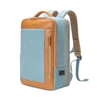 Blue and brown stylish backpack with front pocket and adjustable straps.