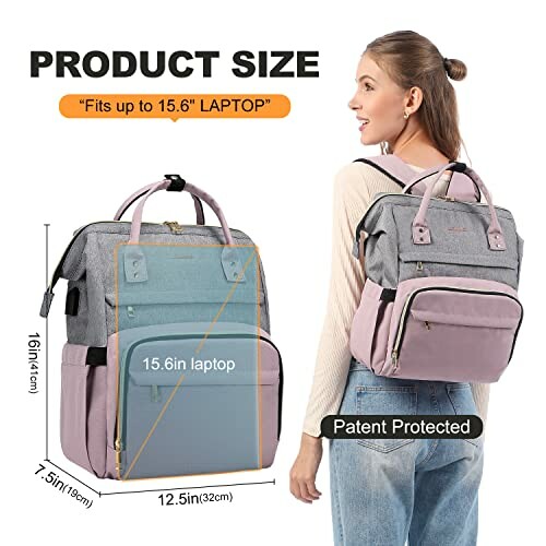 Woman wearing a stylish backpack, shown with product dimensions.