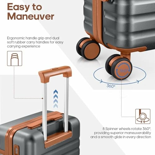 Suitcase with ergonomic handle and spinner wheels for easy maneuverability.