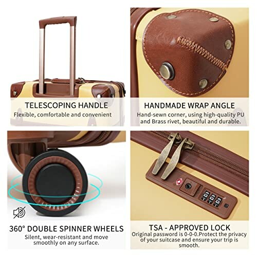 Suitcase features with telescoping handle, handmade wrap angle, double spinner wheels, and TSA-approved lock.