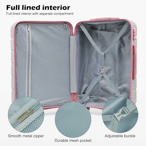 Suitcase interior with full lining, mesh pocket, and adjustable buckle.