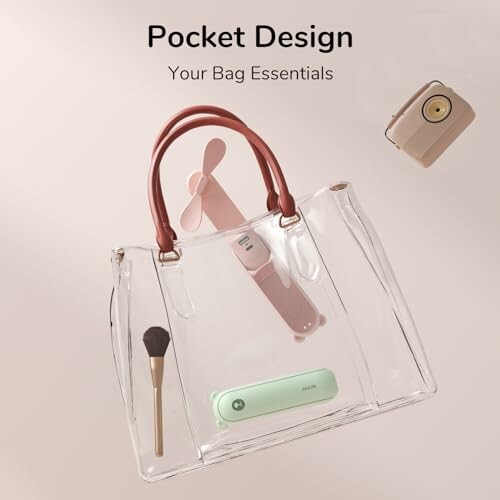 Clear bag with essentials like a fan, brush, and power bank.