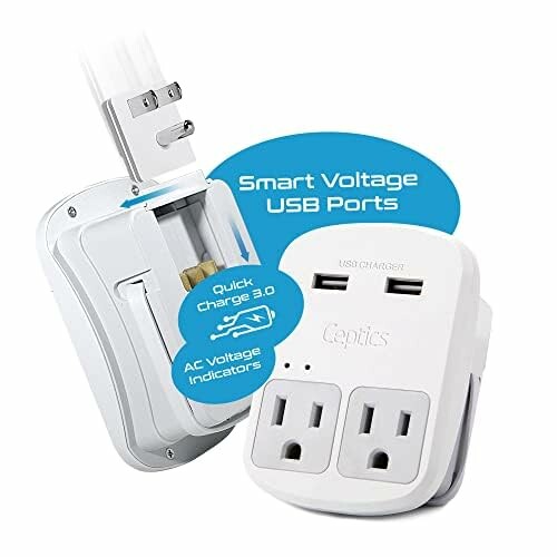 Travel adapter with smart voltage USB ports and quick charge feature.