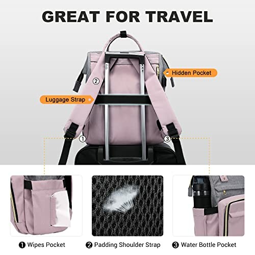 Travel backpack with luggage strap, hidden pocket, wipes pocket, padded shoulder strap, and water bottle pocket.