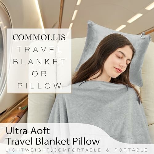 Woman resting with a gray travel blanket and pillow.