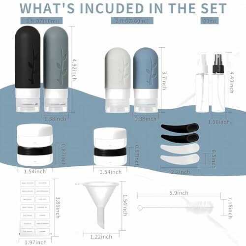 Contents of a travel bottle set including bottles, jars, spatulas, labels, funnel, and brush.