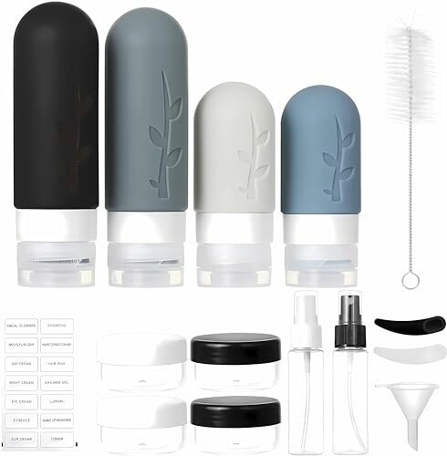 Travel bottle set with containers, labels, and brush