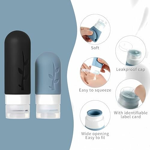 Set of two travel bottles with features like soft material, leakproof cap, easy to squeeze, identifiable label card, and wide opening.