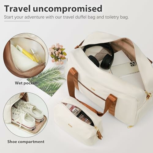 Travel duffel bag with compartments and toiletry bag.