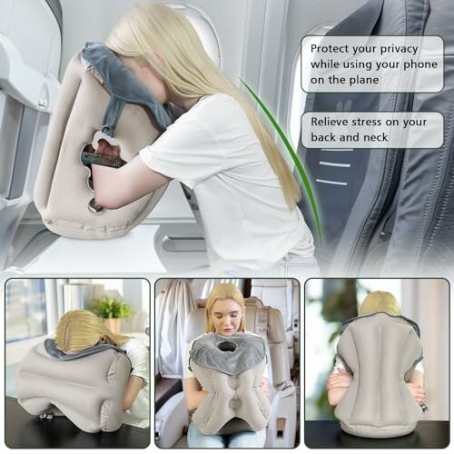 Person using an inflatable travel pillow on a plane.