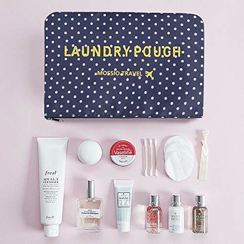 Travel laundry pouch with assorted toiletries and skincare items.