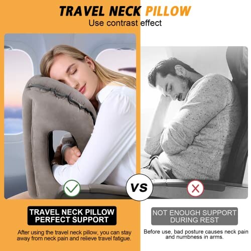 Comparison of travel neck pillow with and without support, showing a woman comfortably using a supportive pillow and a man uncomfortable without it.