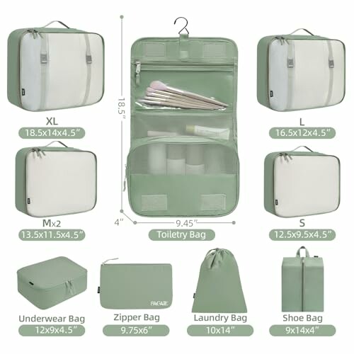 Set of green travel organizer bags in various sizes.