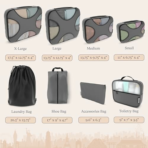 Travel organizer packing set with bags of various sizes and uses.