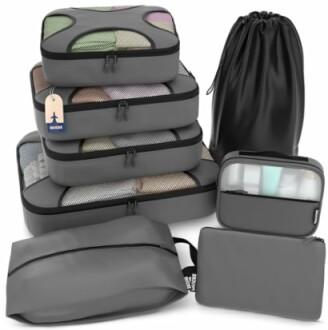 Set of gray travel packing cubes and bags.