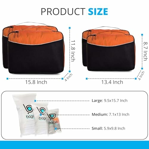 Travel packing cubes with dimensions for large, medium, and small sizes.