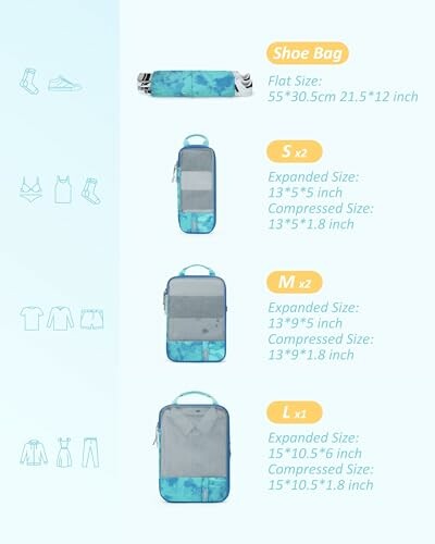 Set of travel packing cubes with various sizes and a shoe bag.