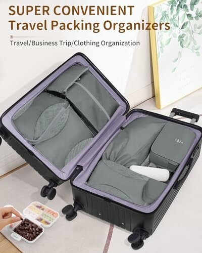 Open suitcase with travel packing organizers inside.