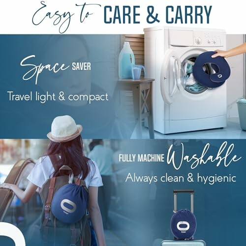 Travel pillow, easy to care and carry, space saver, machine washable.