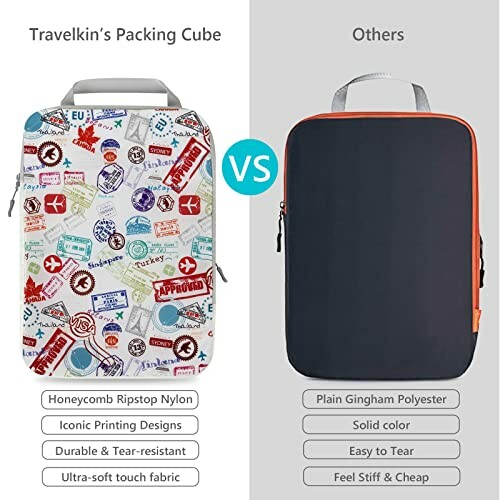 Comparison of Travelkin's packing cube with colorful designs and a plain packing cube.