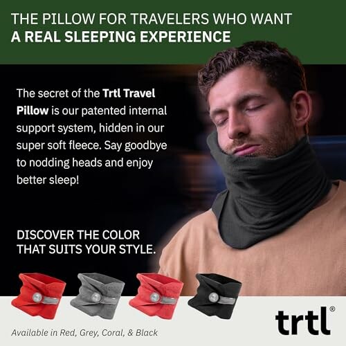 Man using Trtl travel pillow with color options displayed.