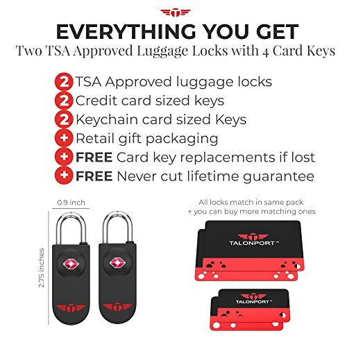 TSA approved luggage locks with card keys and lifetime guarantee.