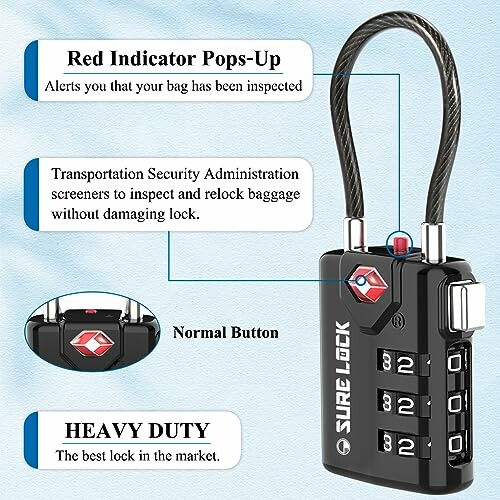 TSA combination lock with red indicator and heavy-duty features.