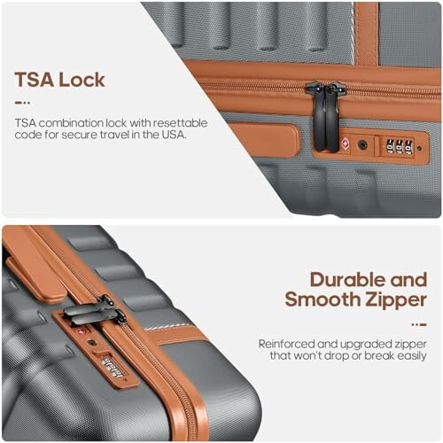 Suitcase with TSA lock and durable zipper features.