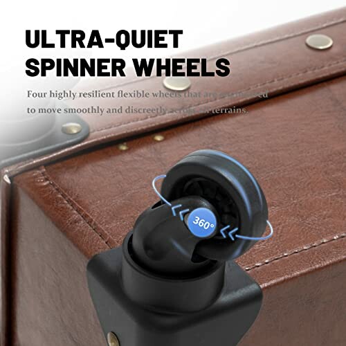 Ultra-quiet spinner wheels on luggage with 360-degree rotation.