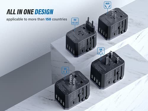 Universal travel adapter with multiple plug types for EU, UK, AUS, and USA.