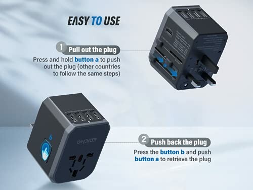 Universal travel adapter with plug instructions.