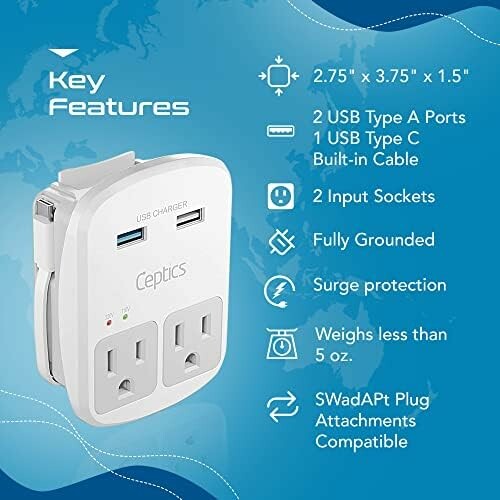 Wall charger with USB ports and surge protection.