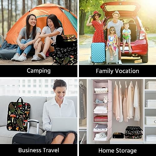 Four images showing versatile bag usage: camping, family vacation, business travel, and home storage.