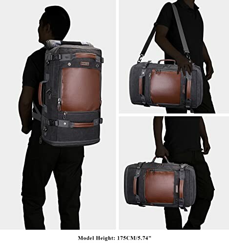 Person carrying a versatile travel bag in backpack and duffel styles.