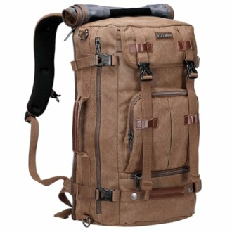 Brown vintage canvas backpack with multiple straps and pockets.